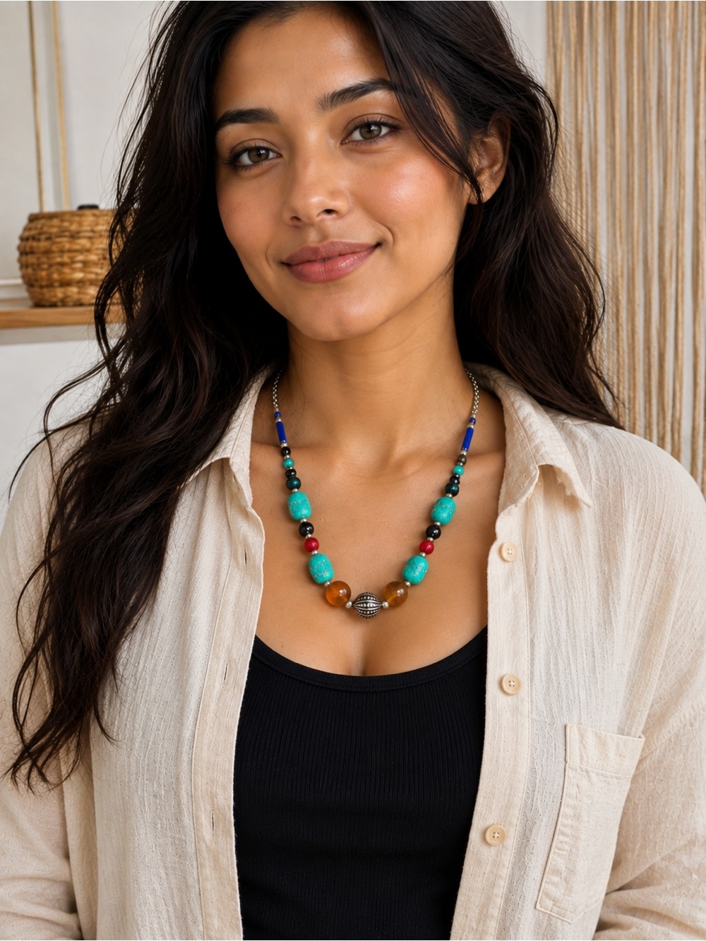 Turquoise and Multicolor Beaded Necklace - Women Jewelry